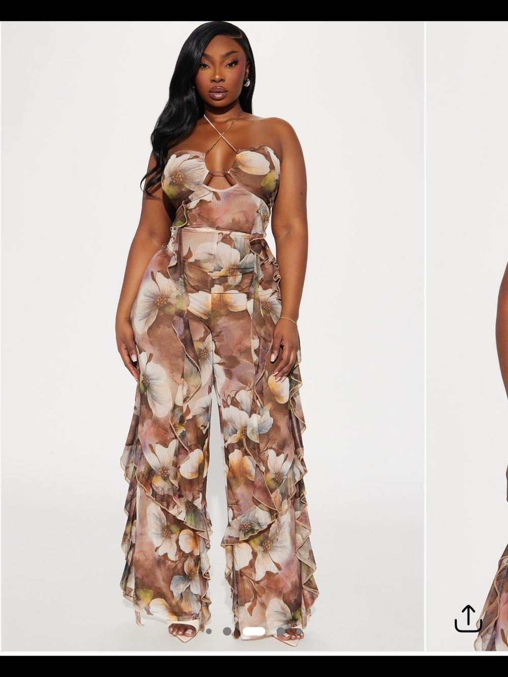 Fashion Nova Brown Multi Floral Ruffle Wide-Leg Jumpsuit - Picture 1 of 3